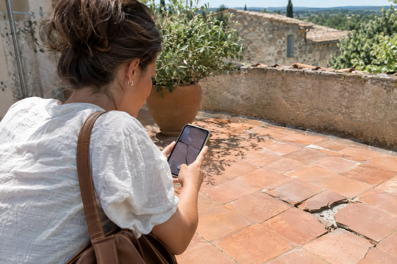 Une propriétaire photographie son ancien carrelage avec un téléphone pour demander un devis