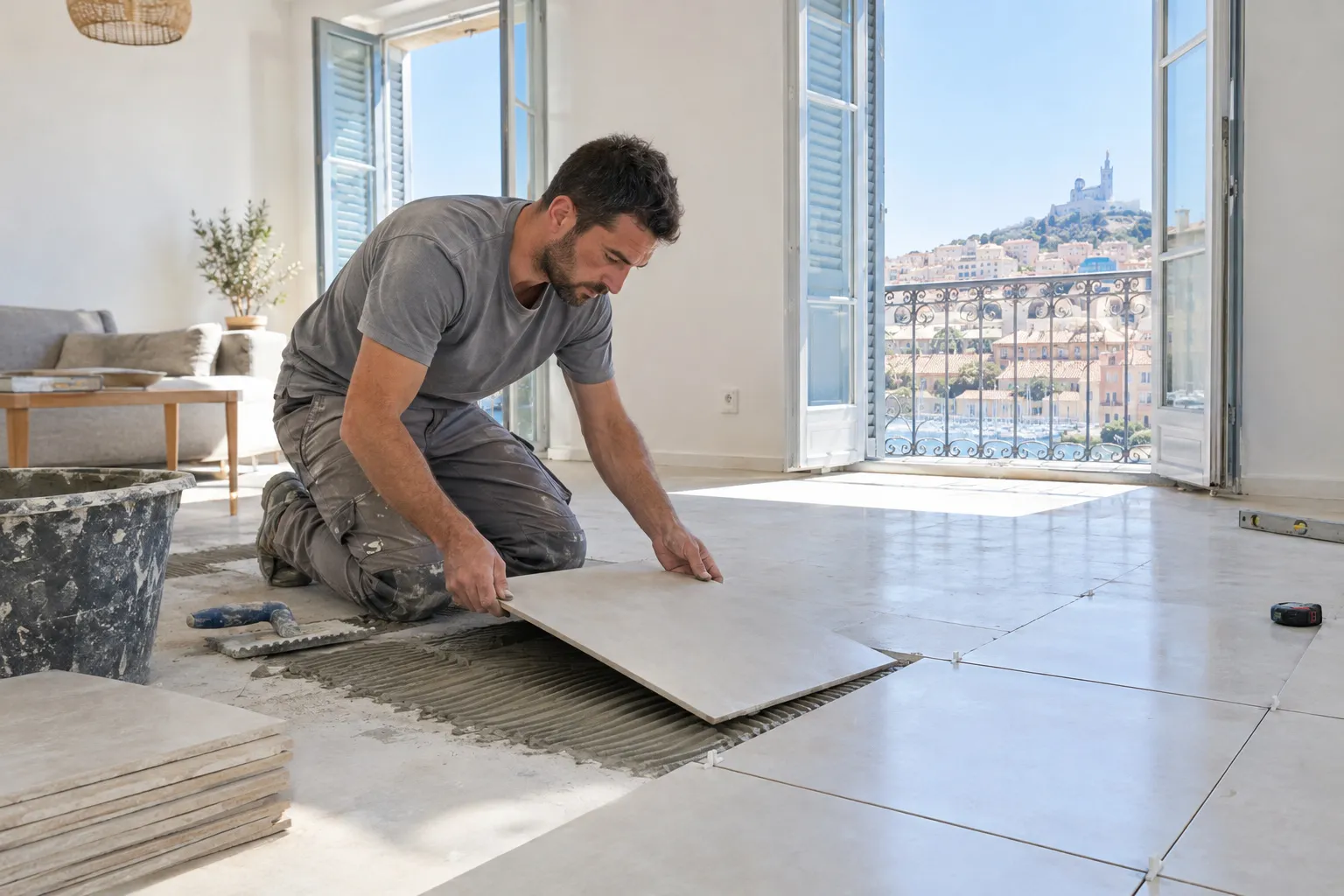 Un carreleur pose des carreaux clairs sur un sol de pièce lumineuse, avec truelle crantée, croisillons et niveau.