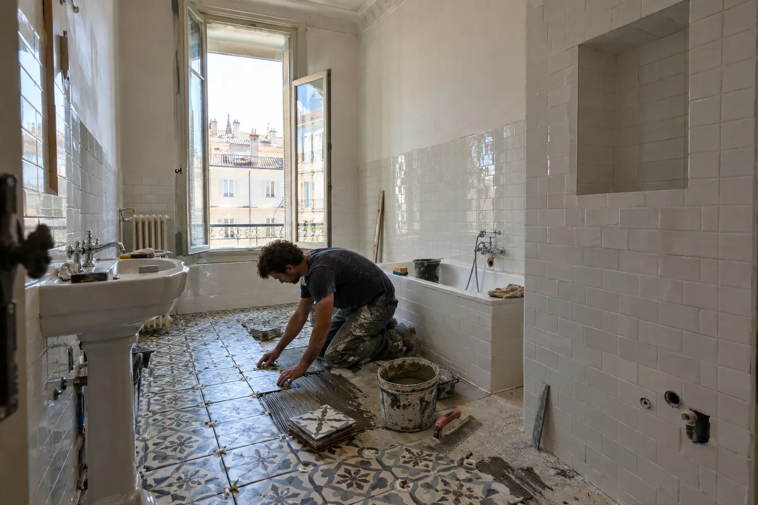 Une salle de bain d’appartement marseillais avec faïence blanche, sol en carreaux gris et douche à l’italienne terminée.