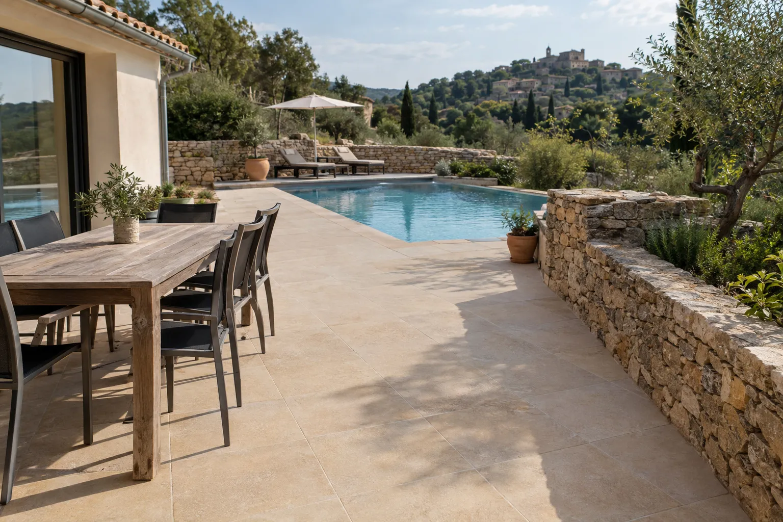 Une terrasse d’une maison d’Allauch en cours de carrelage, grès cérame posé sur plots, vue sur les collines.