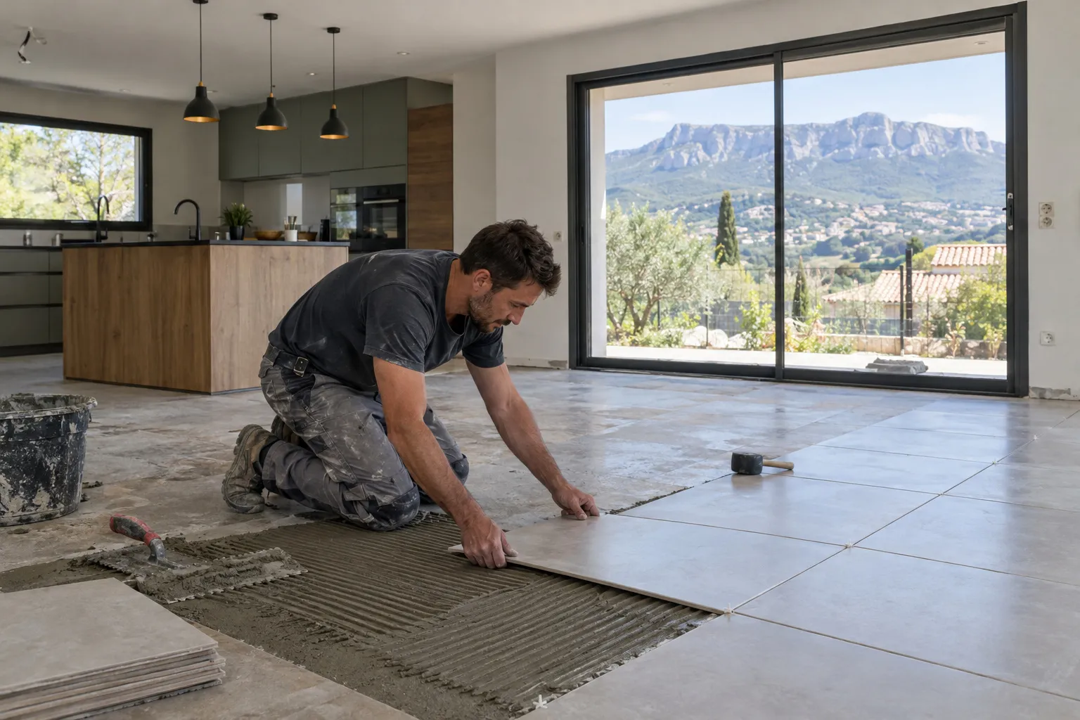 Un séjour d’appartement à Aubagne fraîchement carrelé en grand format gris clair, baie vitrée ouverte sur le Garlaban.