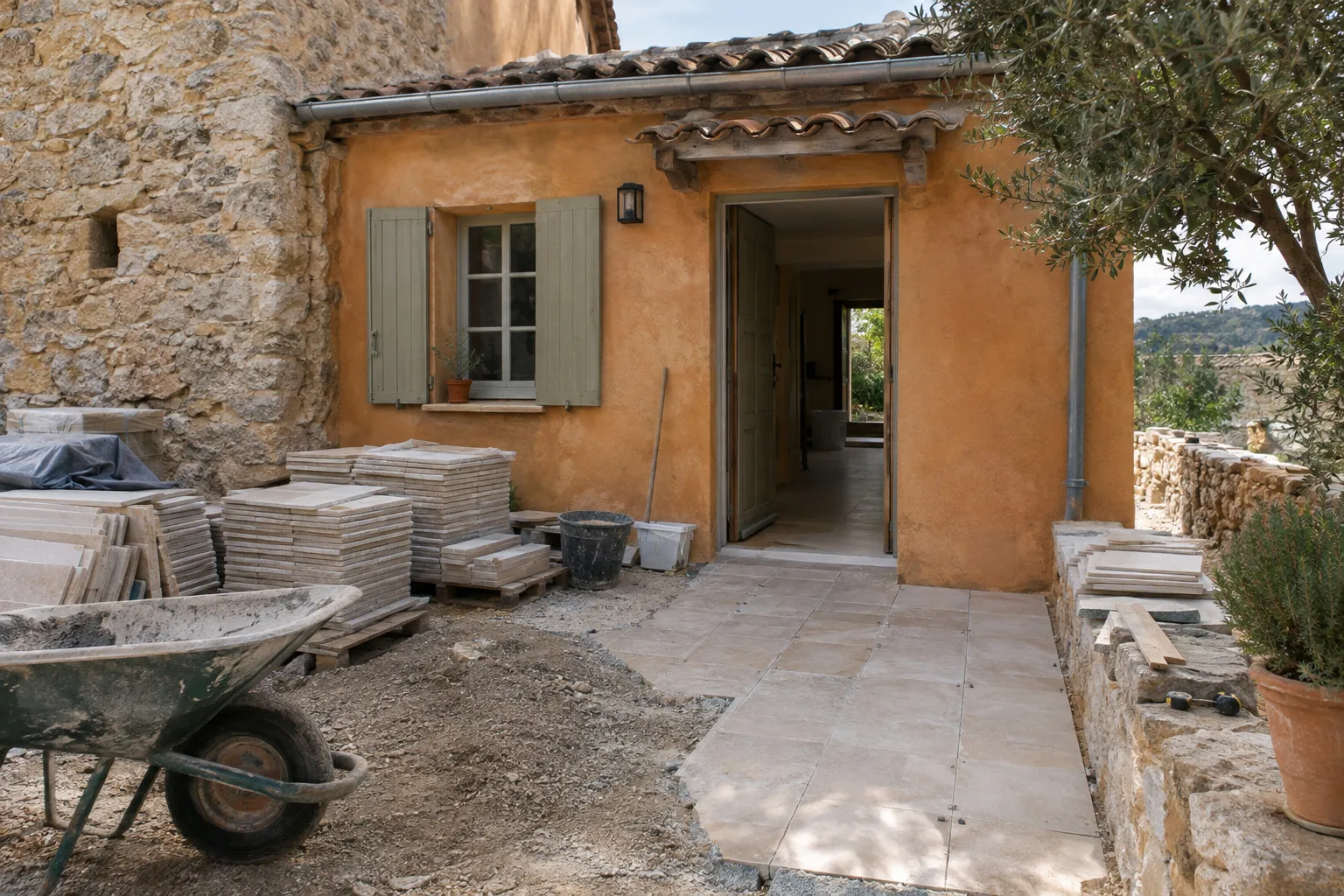 Une maison avec piscine aux Pennes-Mirabeau, plage et terrasse carrelées en grès cérame clair, pins et ciel bleu.
