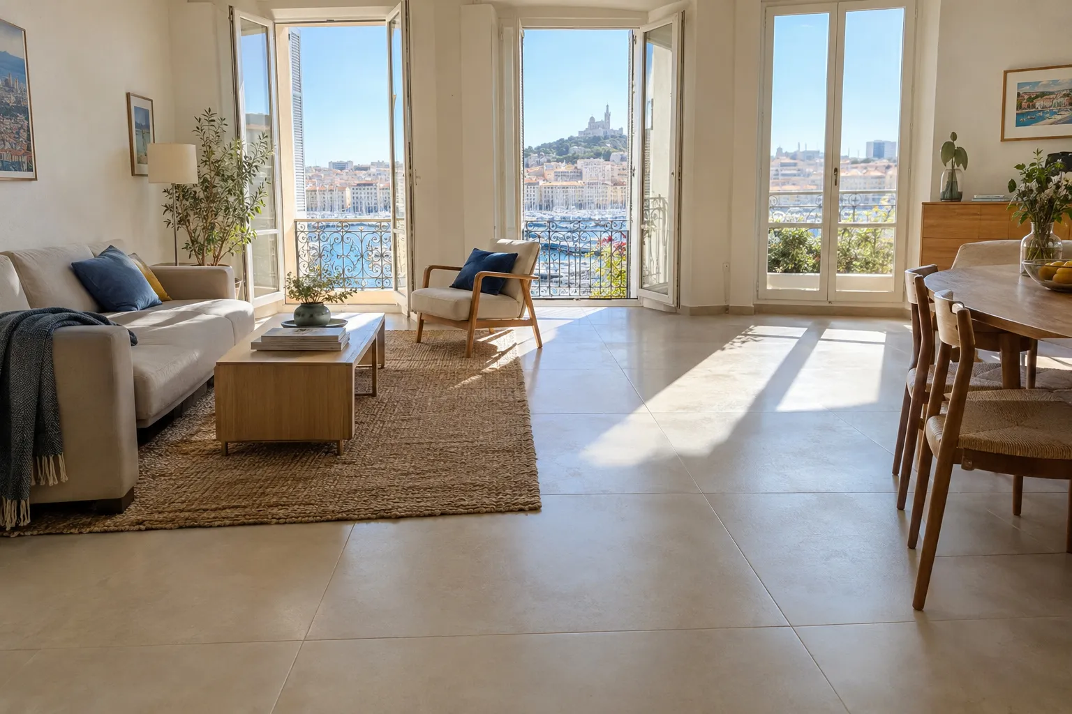Sol de séjour terminé en grès cérame beige clair avec plinthes assorties, dans un appartement marseillais baigné de soleil.