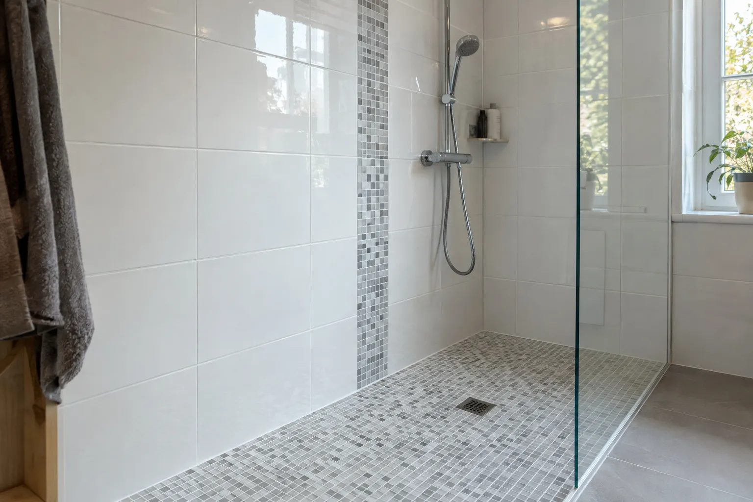 Douche à l'italienne finie avec faïence blanche brillante, bande de mosaïque et joints nets.