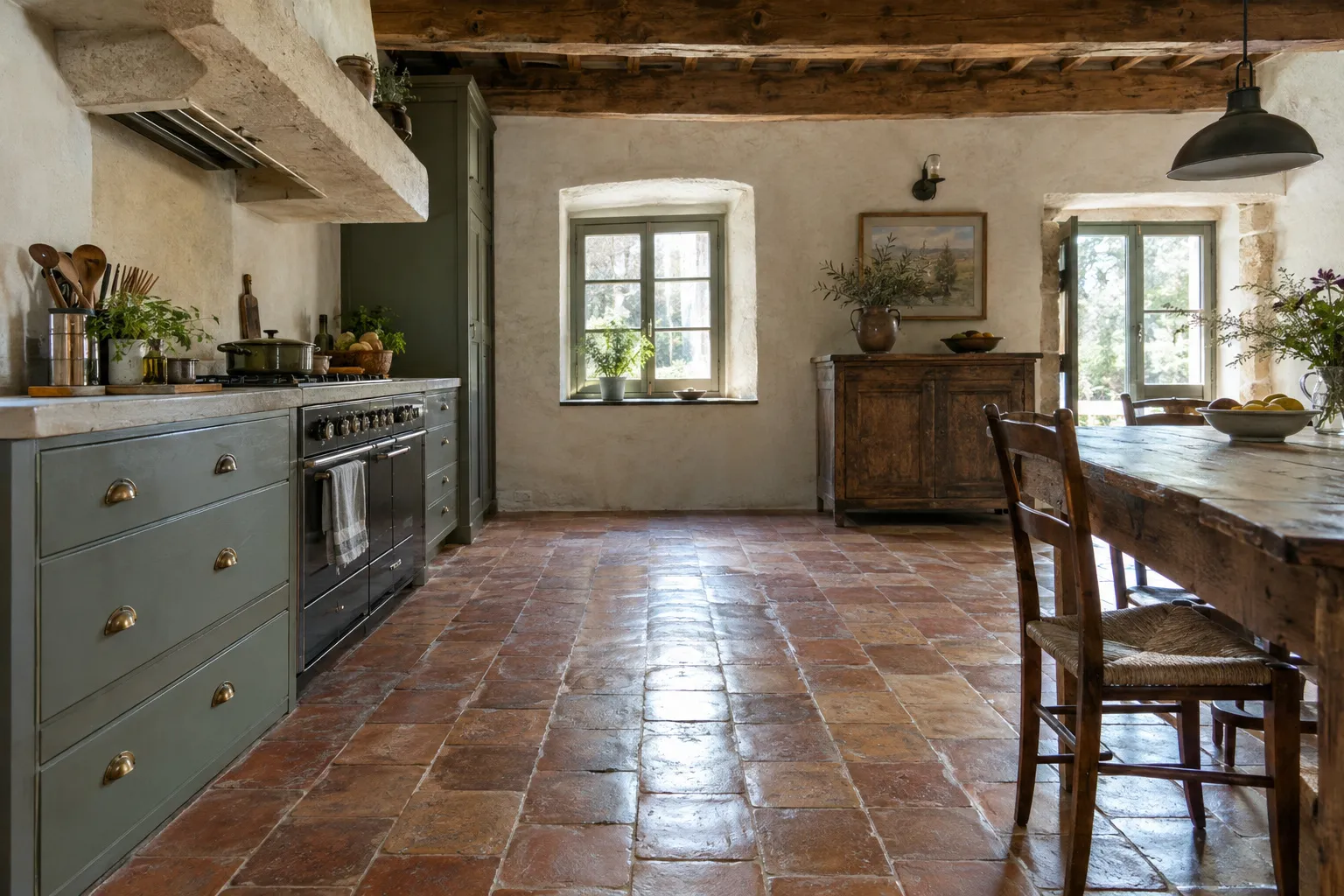 Sol de tomettes anciennes restauré dans une cuisine de bastide, poutres apparentes et mur à la chaux.